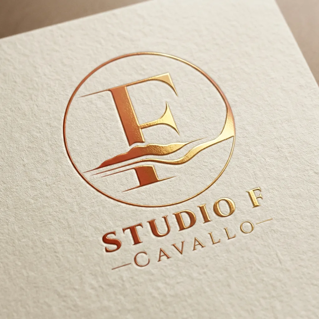 Identité de marque Studio F — logo gaufrage cuivré sur papier éditorial
